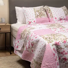 Cubrecama Cobertor 2 Plazas Quilt Estampado Reversible Set Color Parches Rosa