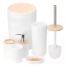 Kit Banheiro Lixeira Saboneteira Completo Branco Bambu 6 Pç