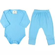 Conjunto Bebê Body Longo E Calça Azul Claro Canelado Menino