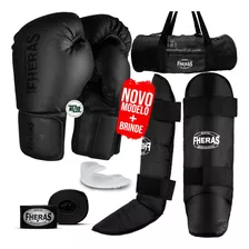 Kit Muay Thai Luva Bandagem Caneleira Bucal Bolsa Black 14oz