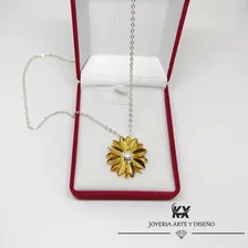 Cadena Y Dije De Girasol En Plata Con Baño De Oro 