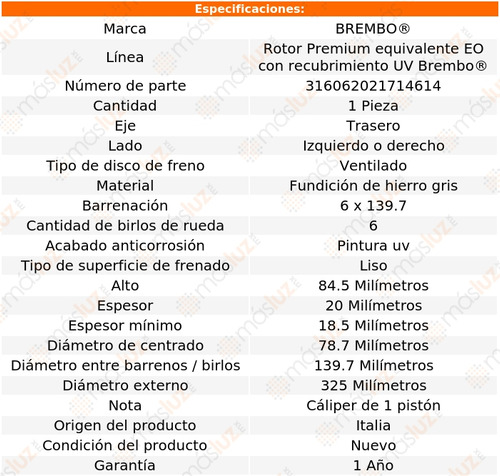 Rotor Freno Izquierdo O Derecho Trasero Yukon 00/01 Brembo Foto 3