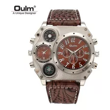 Relógio Quartz Oulm Dual Time Zone Compass Cor Do Fundo Marrom