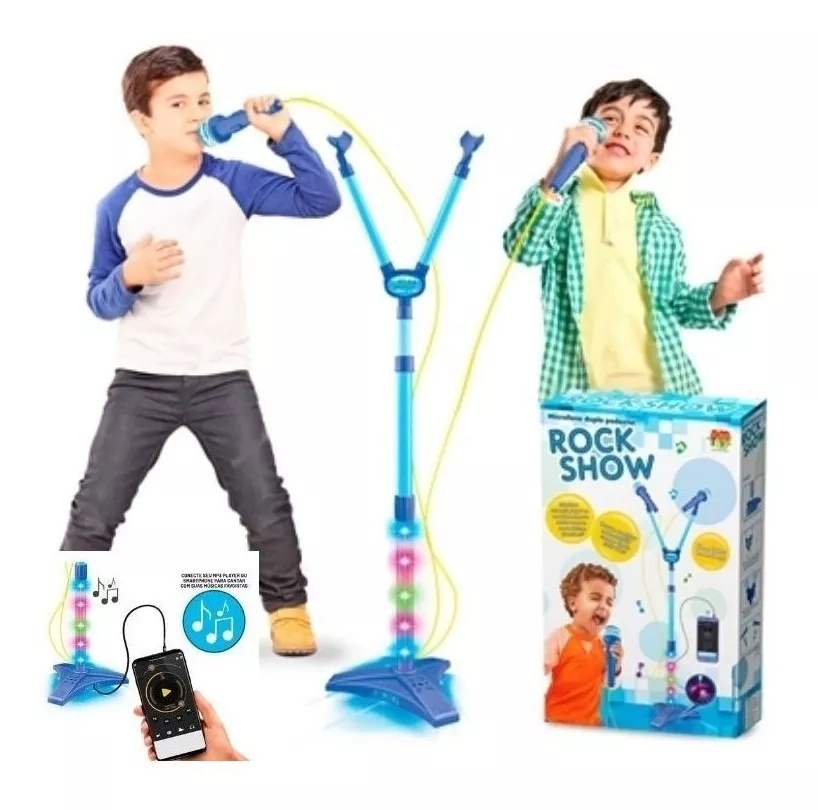 Microfone Infantil Duplo Rock C/ Som Música Conecta Mp3 Azul