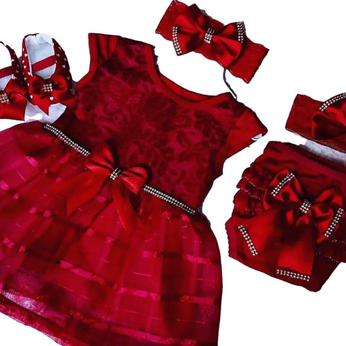Vestido Luxo Rn A 12 Meses Renda Baby Kit 5 Pç Menina Laço