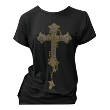 Blusa Feminina Bordada Religiosa Da Cruz Com Strass 