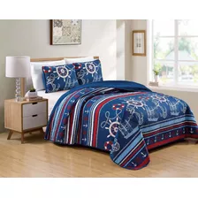 Kids Zone Home Linen Bedspread Set Navy Blue Red White Ships