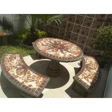 1 Juego De Mesa Y Bancas De Concreto Para Jardin Figura Sol