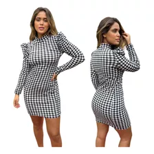 Vestido Pied Poule Gola Alta Manga Longa Bufante Moda Gringa