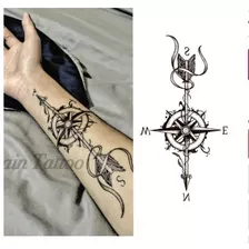 Tatuagem Temporária Feminina Flecha Bússola Removível Tatoo