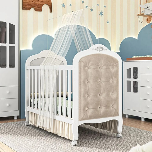 Berço Mini Cama 3 Em 1 Com Capitonê 100% Mdf Maya Espresso Branco
