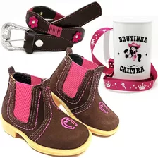 Kit Infantil Feminino Bota Mm Cowgirl Cinto Couro Caneca