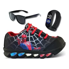 Tenis Infantil De Led Homem Aranha + Relogio E Oculos Barato