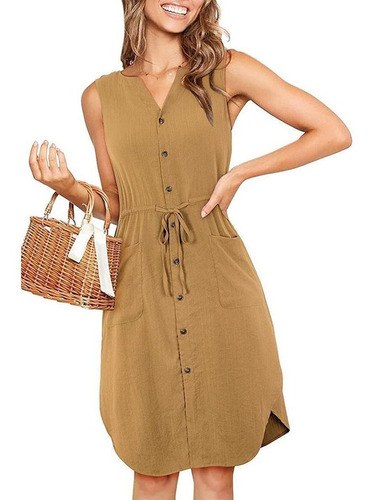 Vestido Con Cuello En V Y Cordón De Botones De Color Liso Vestido Con Cuello En V Y Cordón De Botones De Color Liso