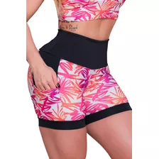 Short Fitness Feminino Estampado Cintura Alta Com Bolsos