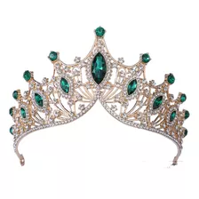Coroa Tiara De Noiva Festa Miss Debutante Dourada Com Verde 
