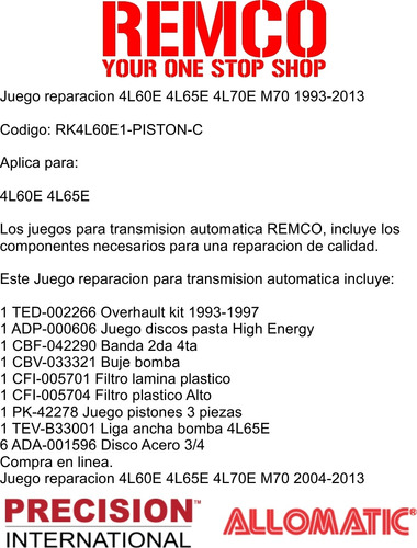 5 Kit Reparacion Transmision Rally Wagon  93-95 4.3l 4l60e Foto 2