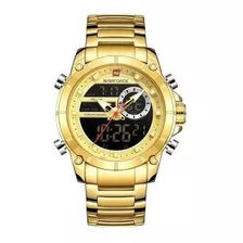 Relógio Esportivo Militar Masculino Naviforce 9163 Aço Inox Cor Da Correia Dourado Cor Do Bisel Gold Cor Do Fundo Preto
