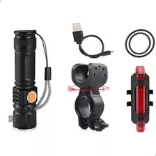 Kit Farol+lanterna Recarregavel Usb C/suporte/bike/bicicleta Cor Preto