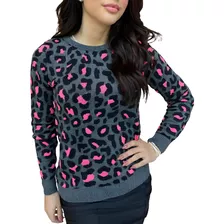 Blusa Feminina Tricot Manga Longa Estampa Animal Print 