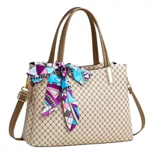 Bolso Lazo Mujer Elegante Moderno Y Ajustable Acabado De Los Herrajes Dorado Color Crema Correa De Hombro Marrón Claro Diseño De La Tela Rombos