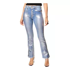 Calça Jeans Feminina Boot Cut Metalizada Foil Prata Sawary 