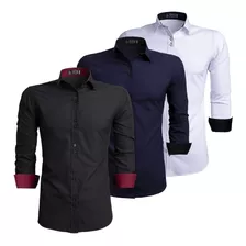 Camisa Social Masculina Slim Camiseta Manga Longa Kit 3 Unid