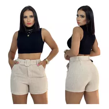 Shorts Feminino Cintura Alta Cinto Linho Bolso Lateral Novo