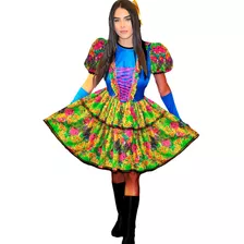 Vestido Quadrilha Festa Caipira Junina + Luva+ Laço Cabelo 