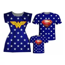 Vestido Mãe E Blusas Pai E Filho - Super H. E Mulher M.