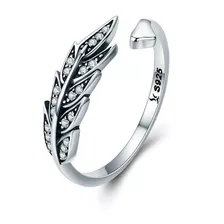 Anillo De Plata 925 Hoja Pluma Con Zirconias Ajustable Moda