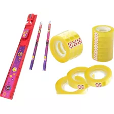 Kit 10 Fita Adesiva + Lápis Transparente Papelaria Régua