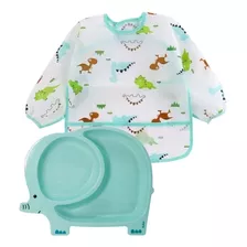 Kit Babador Infantil Prato Com Divisória Elefante Verde Baby