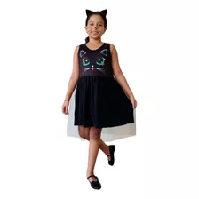 Vestido Infantil Temático Tule Gatinho Com Tiara Orelhinha