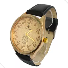 Relógio Masculino Dourado De Pulso Correia Preto Kit Corrent