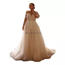 Vestido De Novia Línea A, De Tul Y Encaje Con Manga Larga