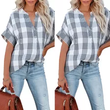 Plaid Short Sleeve V Neck Shirt Loose Casual