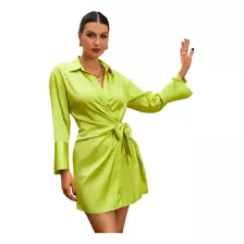 Vestido Satin Elegante Manga Larga Fiestas Casual Verde