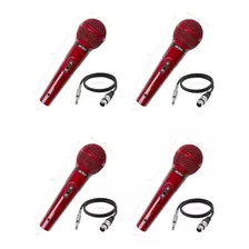 4 Microfone Dinâmico Vermelho De Mão Leson Mc200 + Cabo