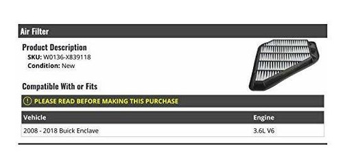 Filtro De Aire - Compatible Con Buick Enclave 3.6l V******* Foto 2