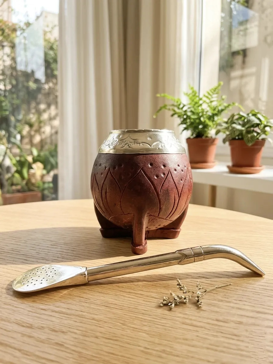 Mate Torpedo Virola De Alpaca Cuero Labrado + Bombillón