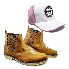 Kit Feminino Bone Rosa Mangalarga Mulher E Botina Couro Bota