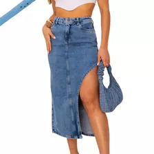 Saia Midi Feminina Jeans Com Fenda 