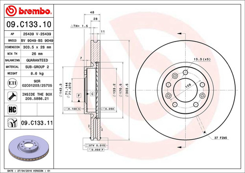 Discos Brembo Peugeot 308 Sw 2014+ Pza Delantera 09.c133.11 Foto 2