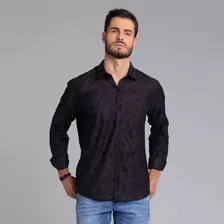 Camisa Social Preta Manga Longa Tecido Jacquard Docthos