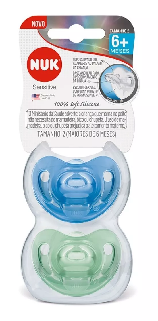 Kit 2 Chupetas Sensitive Soft 100% Silicone Azul/verde - Nuk