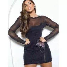 Vestido Lurex Brilho Manga Longa Com Forro Kit 2 Peças 