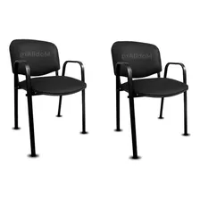 Silla Fija Apilable Oficina Tapizada Con Brazo Pack X2 Color Eco Cuero Negro