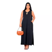 Vestido Longo Com Bolso Regata Moda Feminina Fenda Lateral