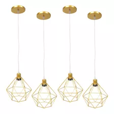 4 Pendente Aramado Diamante P Cabo Cristal 2 Mt Retrô Lustre Cor Dourado